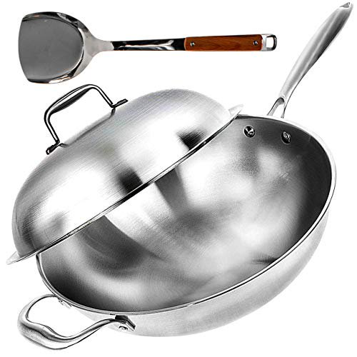 Willow & Everett Wok Pan - Stainless Steel Stir Frying Pans with Domed Lid & Bamboo Spatula