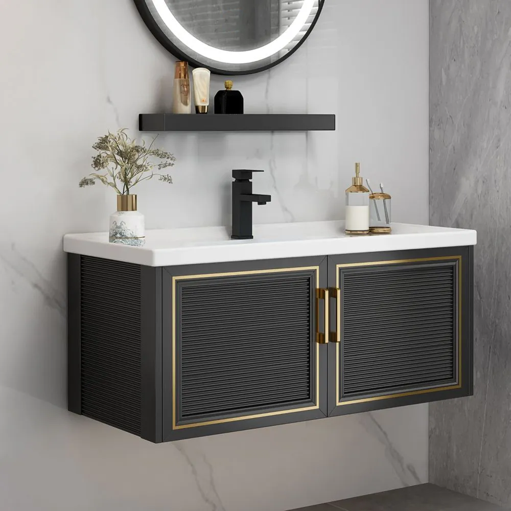 36" Black Floating Bathroom Vanity Set Drop-In Ceramic Sink with Cabinet